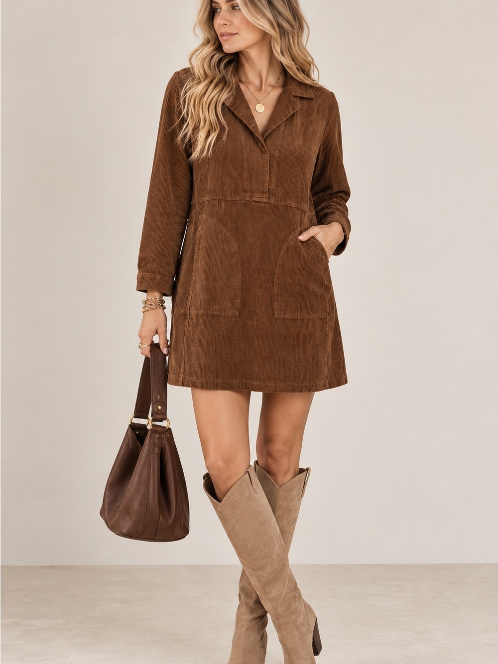 POETRY Hemp organic cotton & yak cord Corduroy Brown Long Sleeve Collard Dress